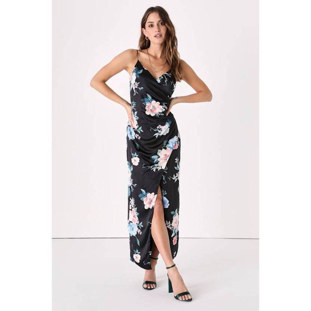 Lulus Poised Presence Black Satin Floral Print Faux-wrap Maxi Dress - Size M